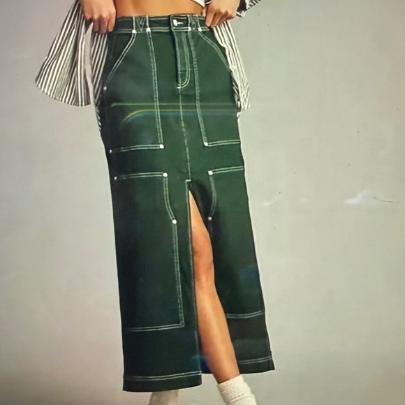 NWT - Anthropologie x Pilcro green carpenter maxi denim skirt - size 12 - Picture 1 of 3